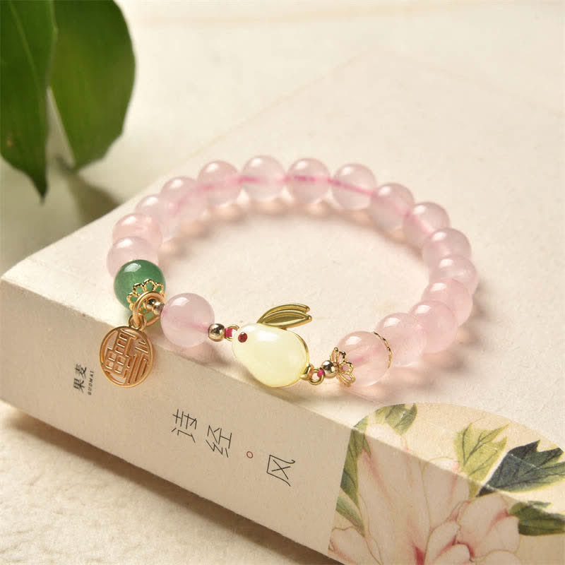 Year of the Rabbit Natural Pink Crystal Green Agate Bunny Love Happiness Bracelet - Pink Crystal(Soothing♥Warmth) - image 0