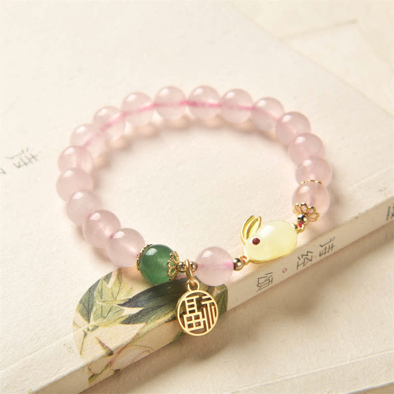 Year of the Rabbit Natural Pink Crystal Green Agate Bunny Love Happiness Bracelet - image 1