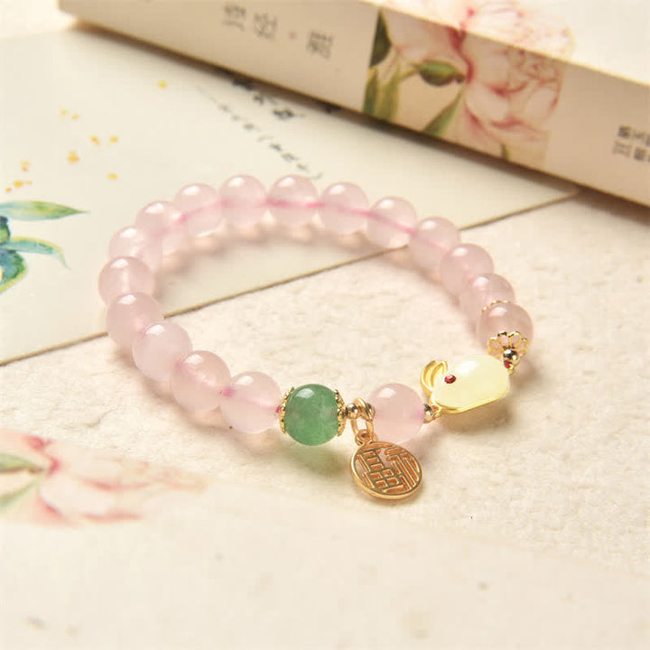 Year of the Rabbit Natural Pink Crystal Green Agate Bunny Love Happiness Bracelet - image 3