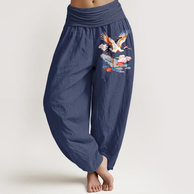 Buddha Stones Pure Cotton Colourful Crane Lotus Leaf Flower Cloud Pattern Women's Elastic Waist Harem Pants - DarkSlateBlue - US16，UK/AU20，EU48 (3XL) - image 5