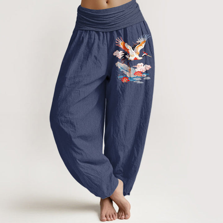 Buddha Stones Pure Cotton Colourful Crane Lotus Leaf Flower Cloud Pattern Women's Elastic Waist Harem Pants - DarkSlateBlue - US16，UK/AU20，EU48 (3XL) - image 5