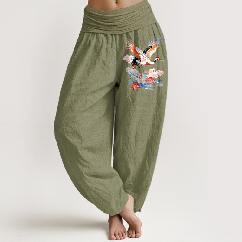 Buddha Stones Pure Cotton Colourful Crane Lotus Leaf Flower Cloud Pattern Women's Elastic Waist Harem Pants - OliveDrab - US16，UK/AU20，EU48 (3XL) - image 14