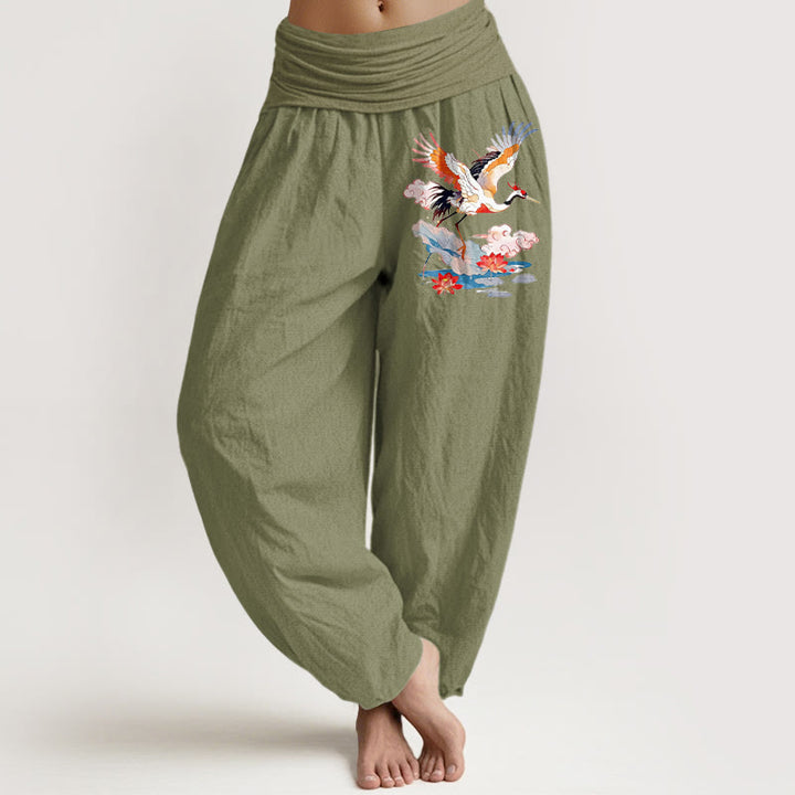 Buddha Stones Pure Cotton Colourful Crane Lotus Leaf Flower Cloud Pattern Women's Elastic Waist Harem Pants - OliveDrab - US16，UK/AU20，EU48 (3XL) - image 14