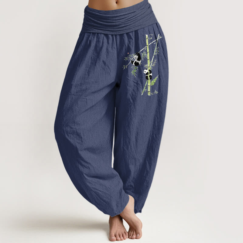 Buddha Stones Pure Cotton Simple Style Panda Bamboo Pattern Women's Elastic Waist Harem Pants - DarkSlateBlue - US16，UK/AU20，EU48 (3XL) - image 5