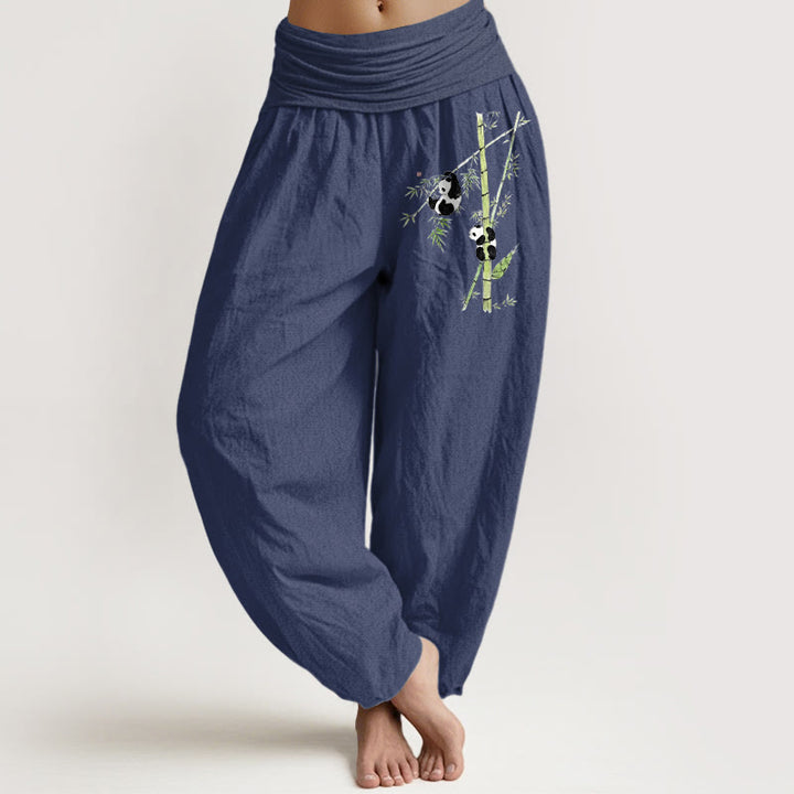 Buddha Stones Pure Cotton Simple Style Panda Bamboo Pattern Women's Elastic Waist Harem Pants - DarkSlateBlue - US16，UK/AU20，EU48 (3XL) - image 5