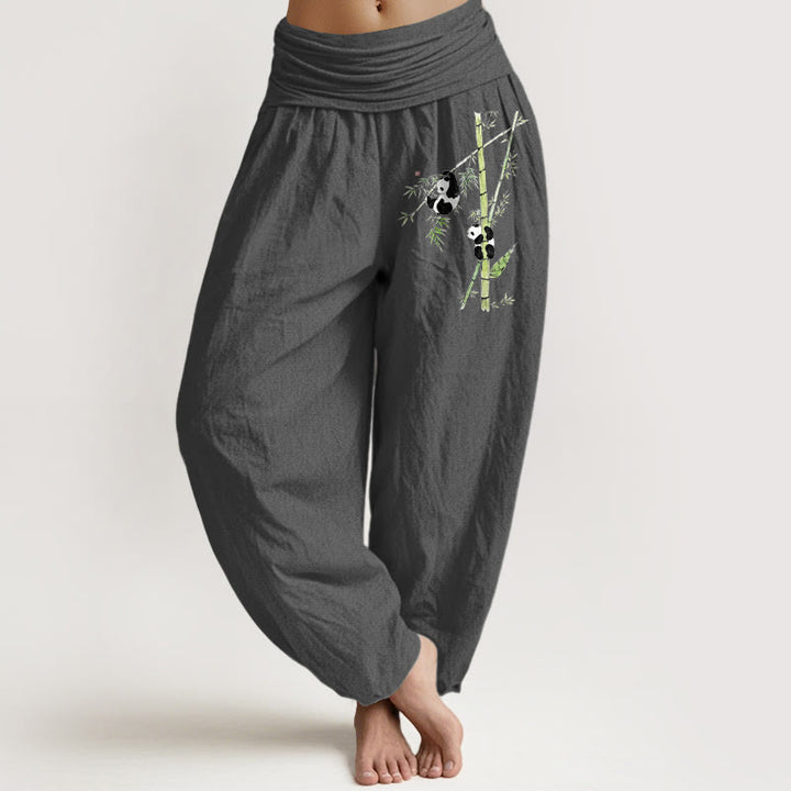 Buddha Stones Pure Cotton Simple Style Panda Bamboo Pattern Women's Elastic Waist Harem Pants - DimGray - US16，UK/AU20，EU48 (3XL) - image 8