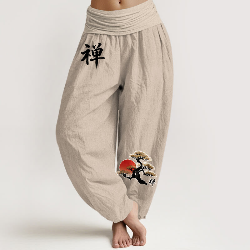 Buddha Stones Pure Cotton Simple Style Sun Pine Chinese Character Pattern Women's Elastic Waist Harem Pants - Tan - US16，UK/AU20，EU48 (3XL) - image 0