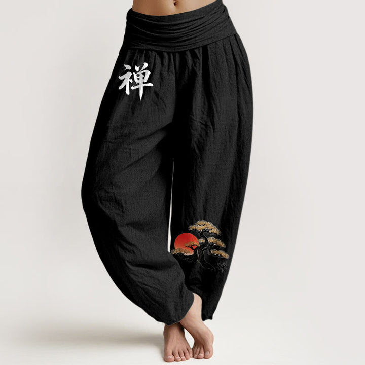 Buddha Stones Pure Cotton Simple Style Sun Pine Chinese Character Pattern Women's Elastic Waist Harem Pants - Black - US16，UK/AU20，EU48 (3XL) - image 5