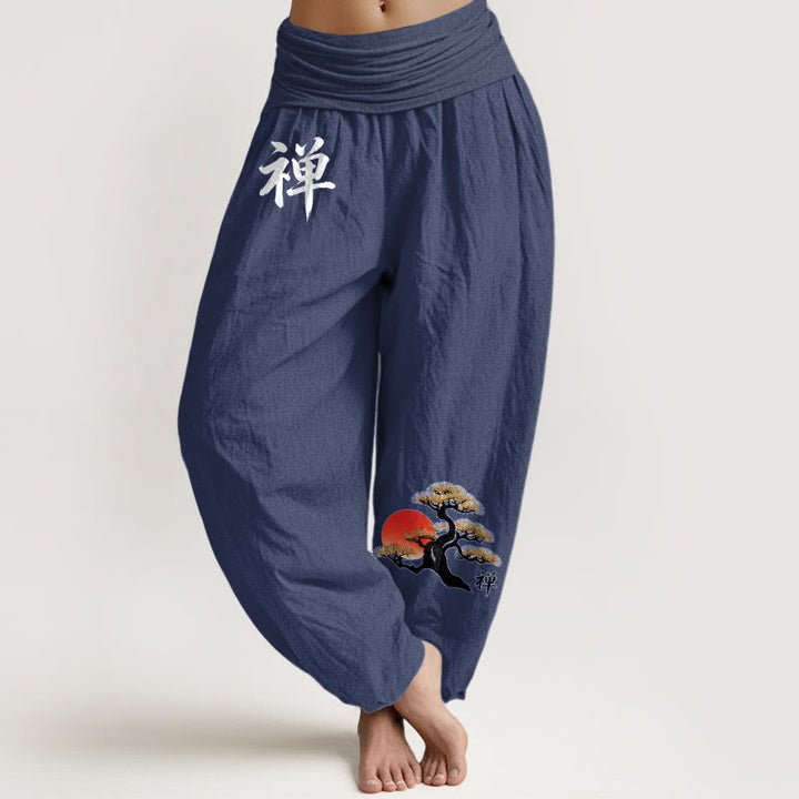 Buddha Stones Pure Cotton Simple Style Sun Pine Chinese Character Pattern Women's Elastic Waist Harem Pants - DarkSlateBlue - US16，UK/AU20，EU48 (3XL) - image 8