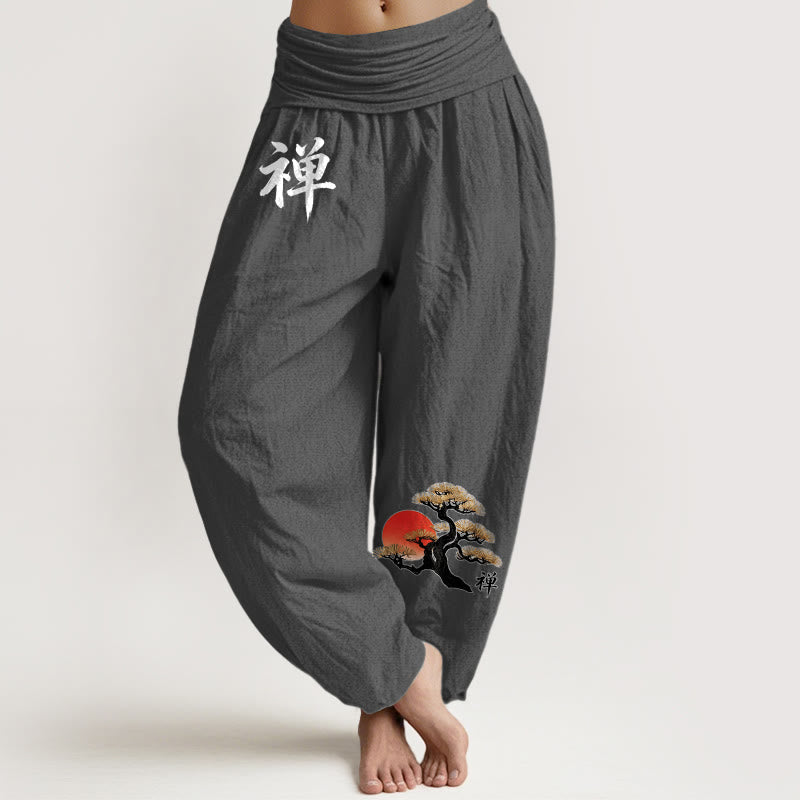 Buddha Stones Pure Cotton Simple Style Sun Pine Chinese Character Pattern Women's Elastic Waist Harem Pants - DimGray - US16，UK/AU20，EU48 (3XL) - image 11
