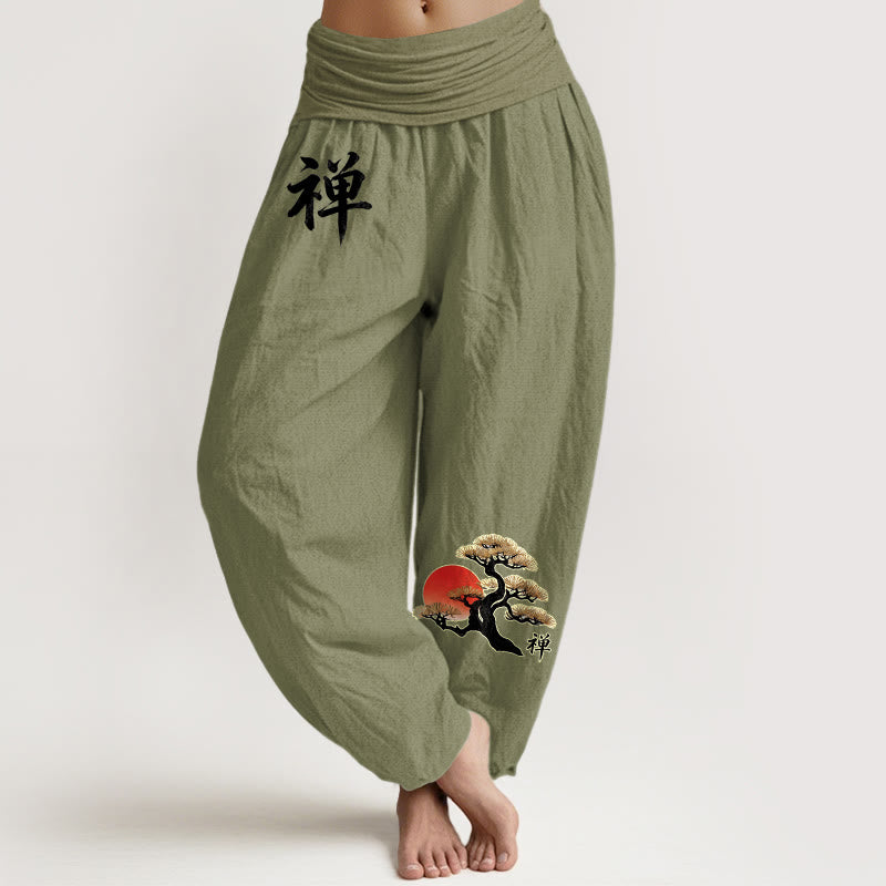 Buddha Stones Pure Cotton Simple Style Sun Pine Chinese Character Pattern Women's Elastic Waist Harem Pants - OliveDrab - US16，UK/AU20，EU48 (3XL) - image 14