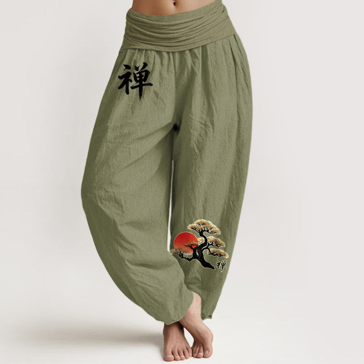Buddha Stones Pure Cotton Simple Style Sun Pine Chinese Character Pattern Women's Elastic Waist Harem Pants - OliveDrab - US16，UK/AU20，EU48 (3XL) - image 14