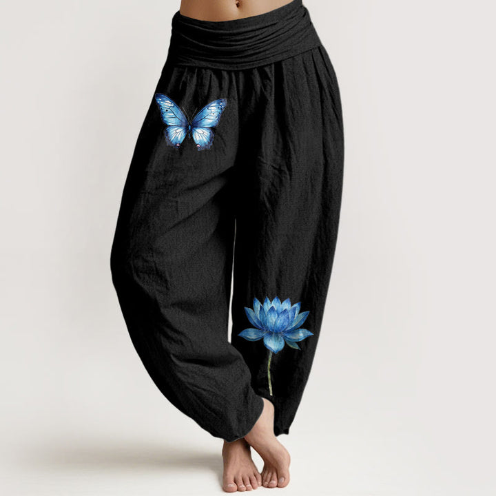 Buddha Stones Pure Cotton Dreamy Butterfly Lotus Pattern Women's Elastic Waist Harem Pants - Black - US16，UK/AU20，EU48 (3XL) - image 0