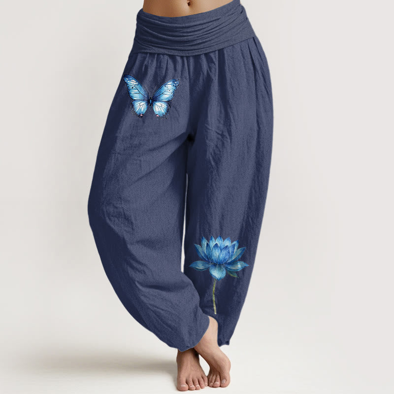 Buddha Stones Pure Cotton Dreamy Butterfly Lotus Pattern Women's Elastic Waist Harem Pants - DarkSlateBlue - US16，UK/AU20，EU48 (3XL) - image 5