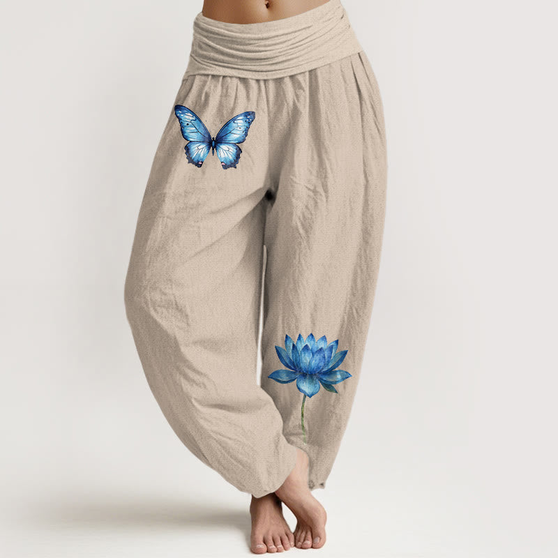 Buddha Stones Pure Cotton Dreamy Butterfly Lotus Pattern Women's Elastic Waist Harem Pants - Tan - US16，UK/AU20，EU48 (3XL) - image 11