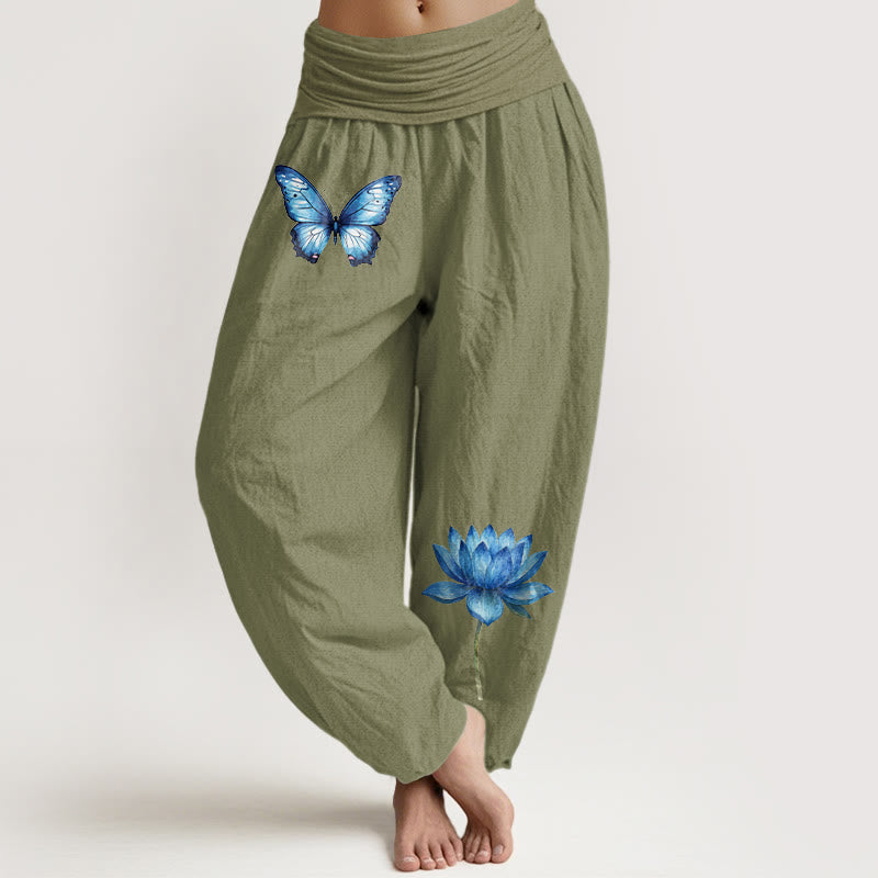 Buddha Stones Pure Cotton Dreamy Butterfly Lotus Pattern Women's Elastic Waist Harem Pants - OliveDrab - US16，UK/AU20，EU48 (3XL) - image 14