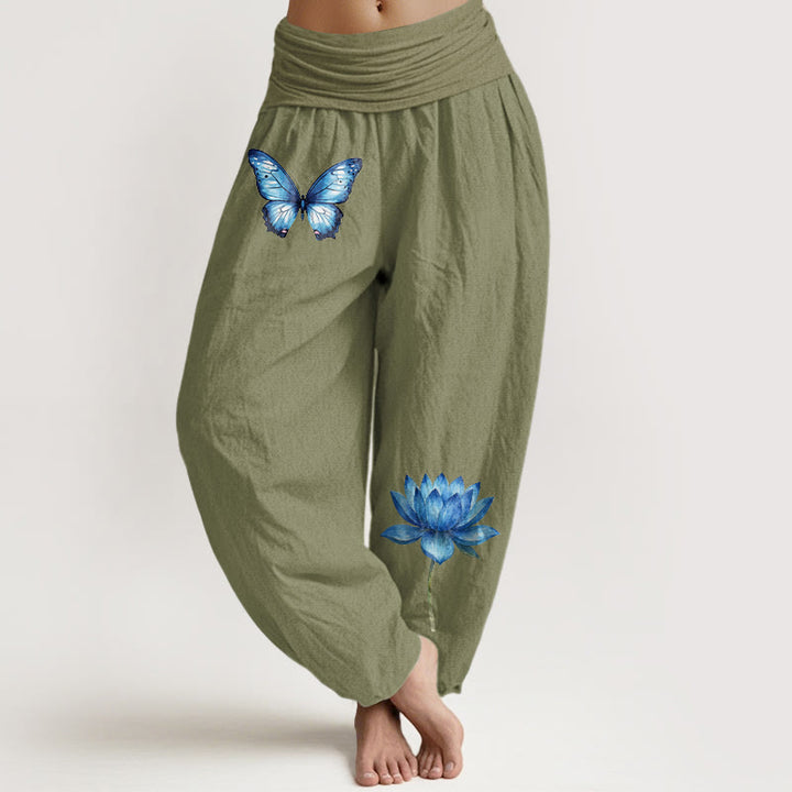 Buddha Stones Pure Cotton Dreamy Butterfly Lotus Pattern Women's Elastic Waist Harem Pants - OliveDrab - US16，UK/AU20，EU48 (3XL) - image 14