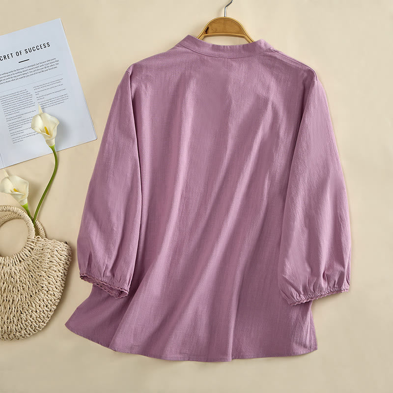 Buddha Stones Plain Crew Neck Frog-Button Long Sleeve Women's Cotton Shirt  - image 9