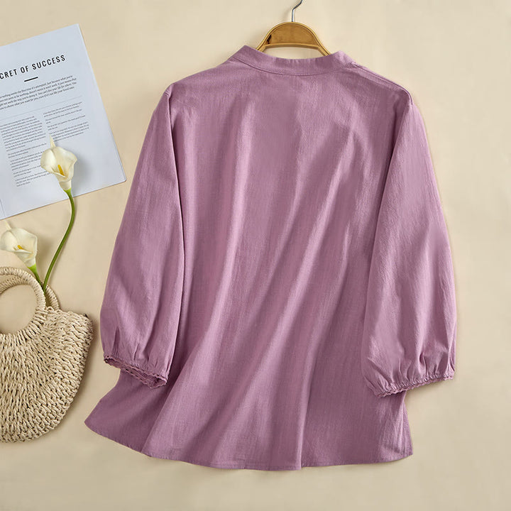 Buddha Stones Plain Crew Neck Frog-Button Long Sleeve Women's Cotton Shirt  - image 9