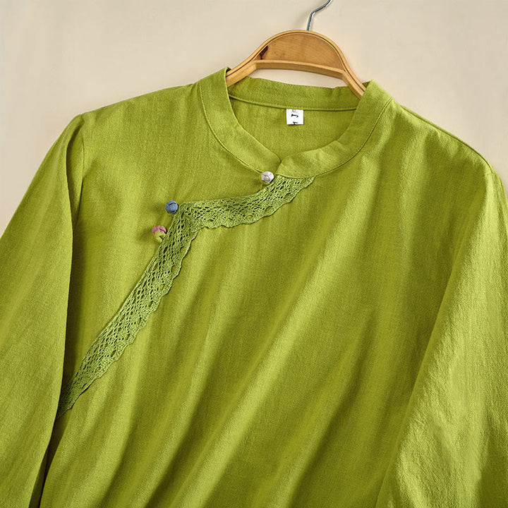 Buddha Stones Plain Crew Neck Frog-Button Long Sleeve Women's Cotton Shirt  - image 2