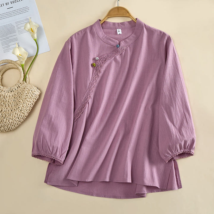 Buddha Stones Plain Crew Neck Frog-Button Long Sleeve Women's Cotton Shirt  - image 8