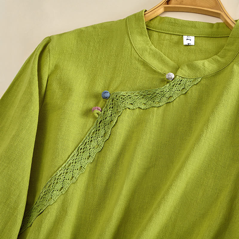 Buddha Stones Plain Crew Neck Frog-Button Long Sleeve Women's Cotton Shirt  - image 3