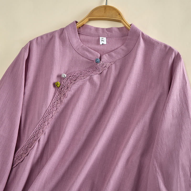 Buddha Stones Plain Crew Neck Frog-Button Long Sleeve Women's Cotton Shirt  - image 10