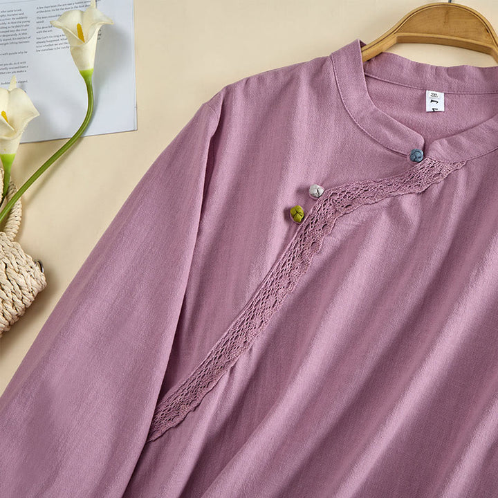 Buddha Stones Plain Crew Neck Frog-Button Long Sleeve Women's Cotton Shirt  - image 11