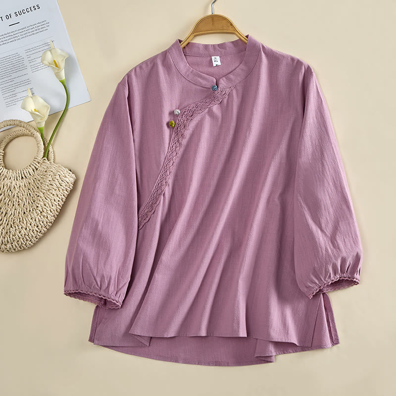 Buddha Stones Plain Crew Neck Frog-Button Long Sleeve Women's Cotton Shirt  - Orchid - US8-10，UK/AU12-14，EU40-42 (2XL) - image 7