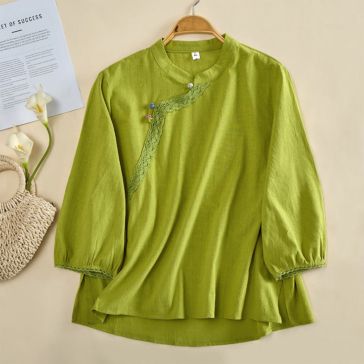 Buddha Stones Plain Crew Neck Frog-Button Long Sleeve Women's Cotton Shirt  - YellowGreen - US8-10，UK/AU12-14，EU40-42 (2XL) - image 0