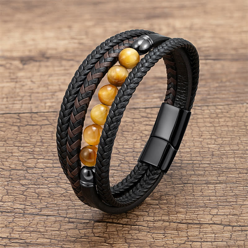 Buddha Stones Tiger Eye Lava Rock Black Onyx Lazurite Lapis Lazuli Hematite Bead Positive Leather Bracelet - Yellow Tiger Eye - 18-22cm - image 5