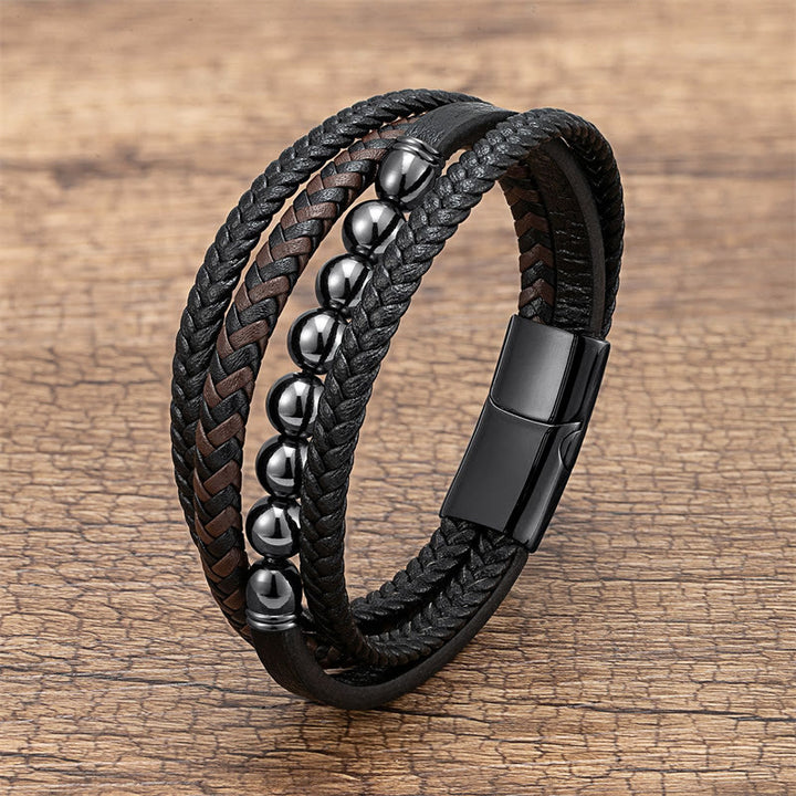 Buddha Stones Tiger Eye Lava Rock Black Onyx Lazurite Lapis Lazuli Hematite Bead Positive Leather Bracelet - Hematite - 18-22cm - image 10