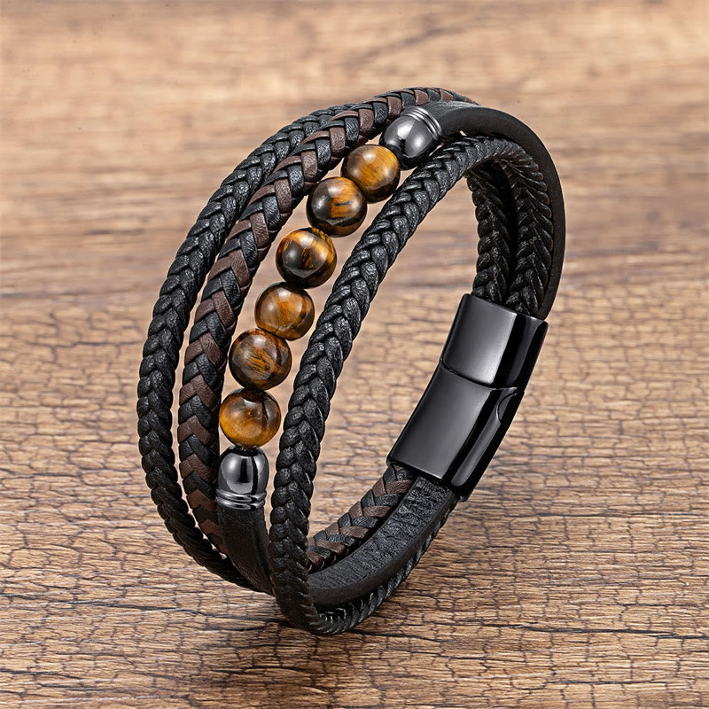 Buddha Stones Tiger Eye Lava Rock Black Onyx Lazurite Lapis Lazuli Hematite Bead Positive Leather Bracelet - Tiger Eye - 18-22cm - image 14
