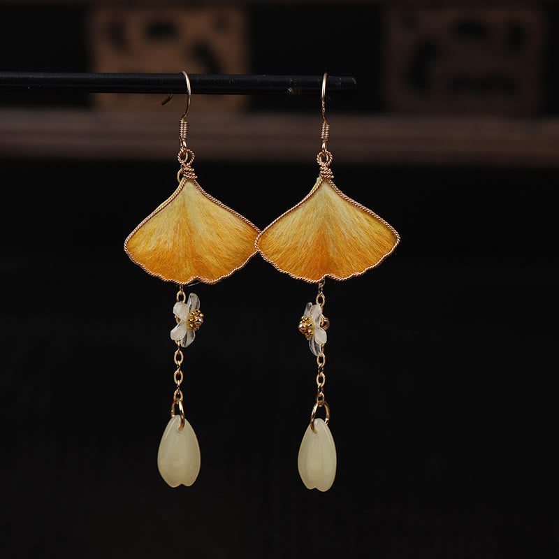 Buddha Stones Handmade Silk Craft Yellow Ginkgo Leaf Copper Hook Good Fortune Dangle Earrings - Ginkgo Leaf&Green Bead(Size: About 7.5*2.8cm) - image 0