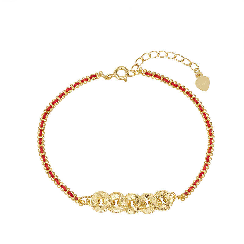 Buddha Stones 925 Sterling Silver Five-Emperor Coins Red String Balance Bracelet - image 2