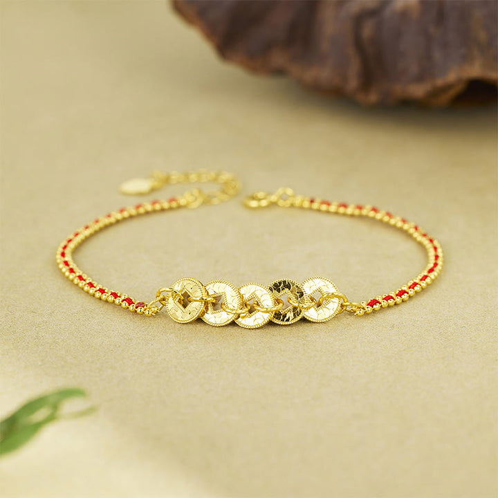 Buddha Stones 925 Sterling Silver Five-Emperor Coins Red String Balance Bracelet - image 1