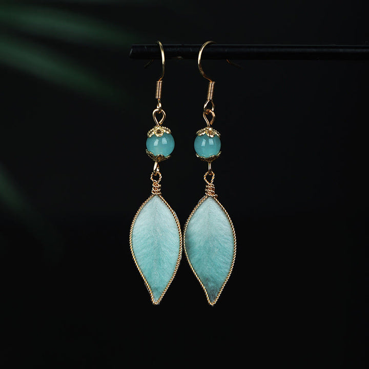 Buddha Stones Handmade Cyan Leaf Copper Plated Silver Hook Protection Drop Earrings - Cyan Leaf(Size: About 6*1cm) - image 0