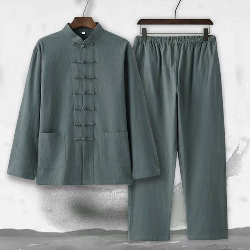 Buddha Stones 2Pcs Tang Suit Traditional Frog-Button Uniform Long Sleeve Shirt Pants Men's Set - image 5