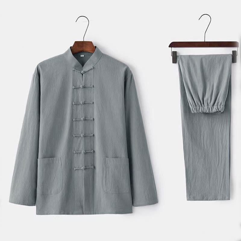 Buddha Stones 2Pcs Tang Suit Traditional Frog-Button Uniform Long Sleeve Shirt Pants Men's Set - Gainsboro - US/UK/AU44，EU54 (5XL) - image 2