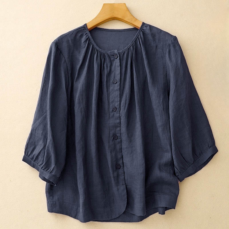 Buddha Stones Plain Button Crew Neck Design Women's Blend Three Quarter Sleeve Shirt - Navy - US12，UK/AU16，EU44 (2XL) - image 0
