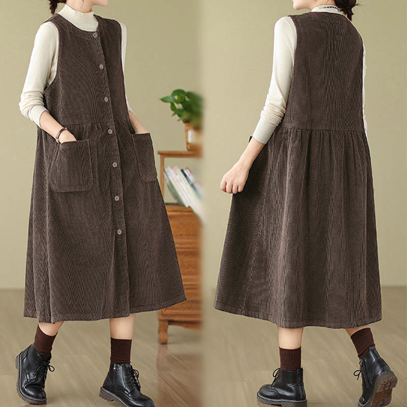 Buddha Stones Fall Retro Buttons Design Corduroy Sleeveless Midi Dress With Pockets - image 4