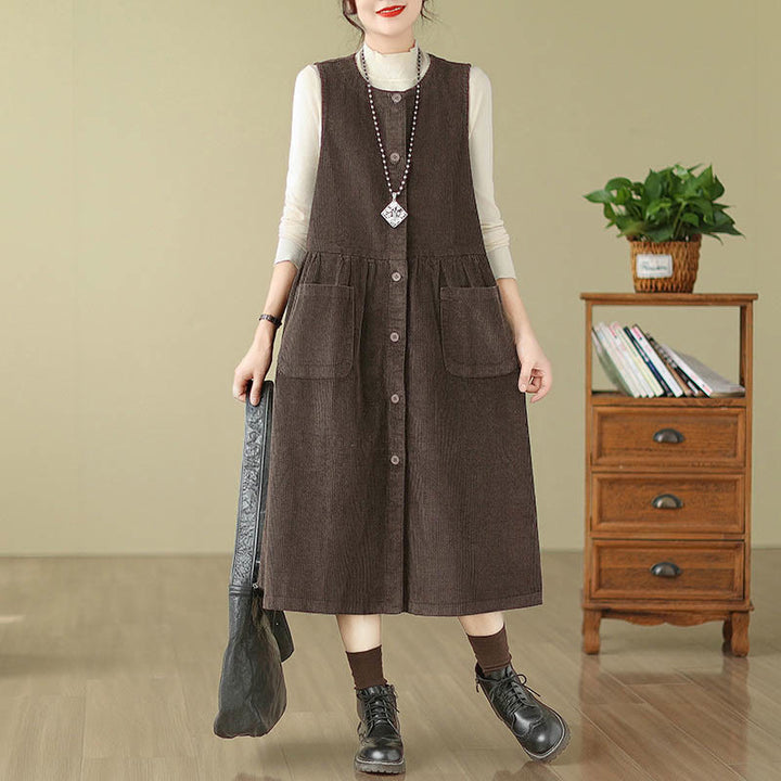 Buddha Stones Fall Retro Buttons Design Corduroy Sleeveless Midi Dress With Pockets - SaddleBrown - US12，UK/AU16，EU44 (3XL) - image 0