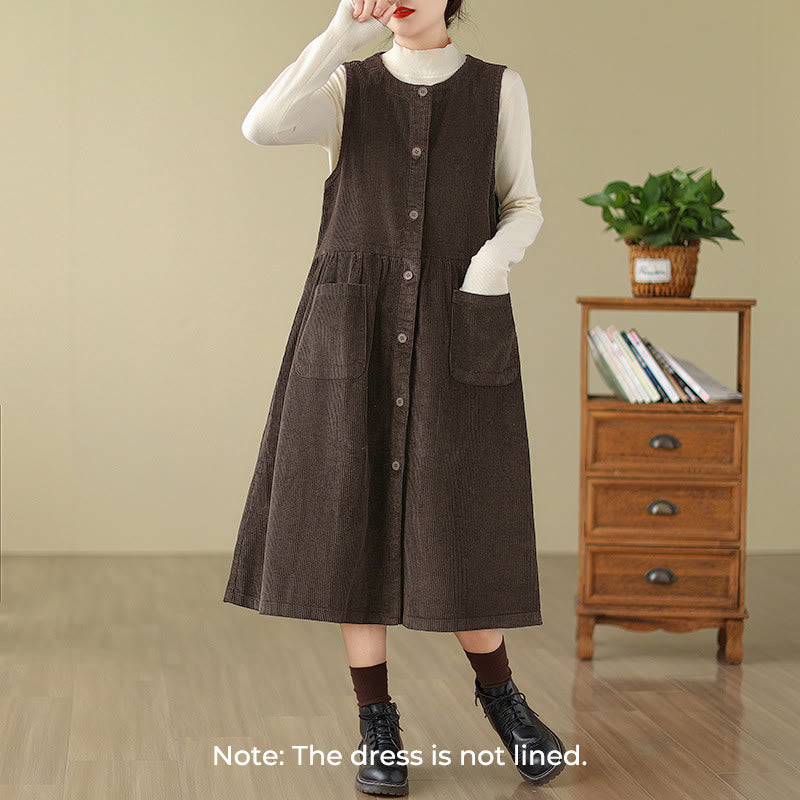 Buddha Stones Fall Retro Buttons Design Corduroy Sleeveless Midi Dress With Pockets - image 1
