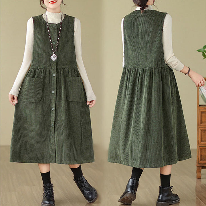 Buddha Stones Fall Retro Buttons Design Corduroy Sleeveless Midi Dress With Pockets - image 9
