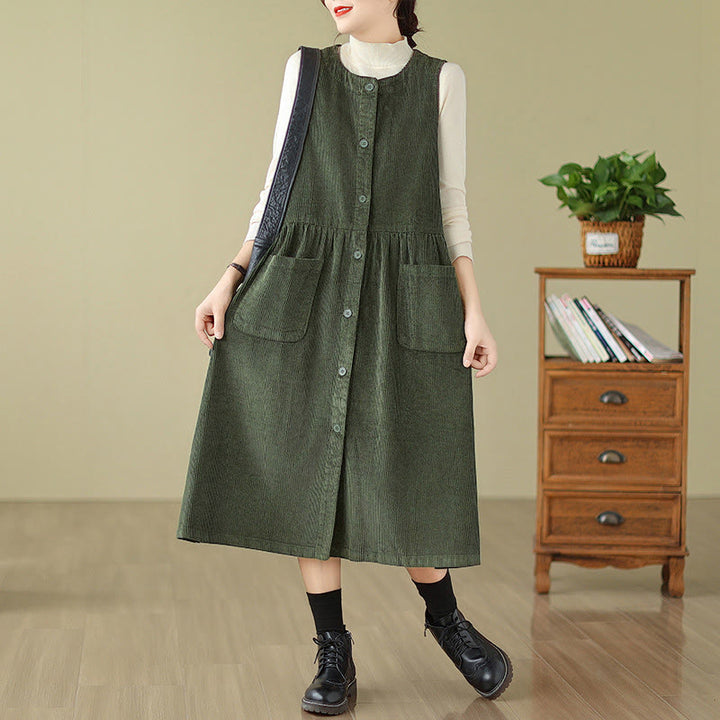 Buddha Stones Fall Retro Buttons Design Corduroy Sleeveless Midi Dress With Pockets - DarkGreen - US12，UK/AU16，EU44 (3XL) - image 5