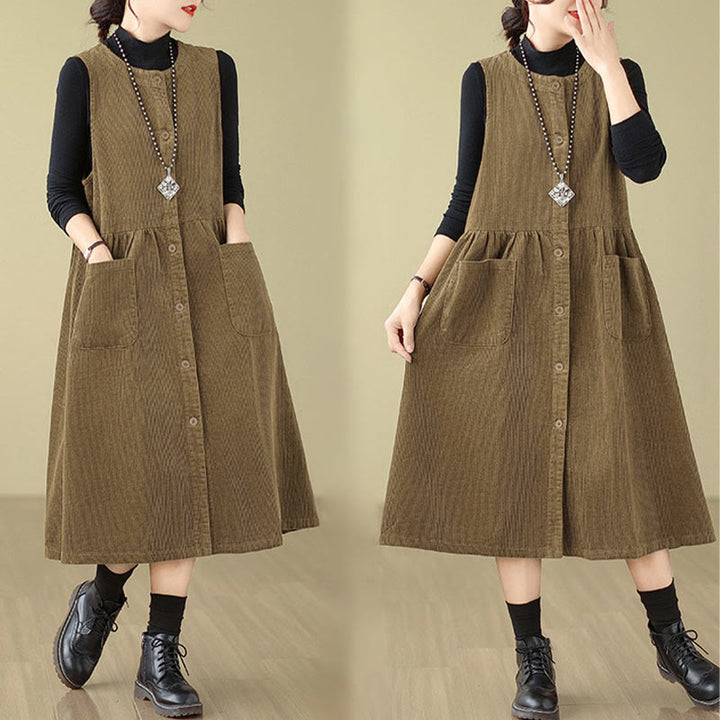 Buddha Stones Fall Retro Buttons Design Corduroy Sleeveless Midi Dress With Pockets - image 16
