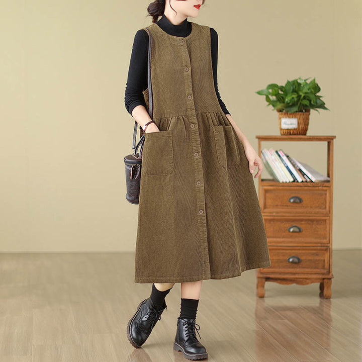 Buddha Stones Fall Retro Buttons Design Corduroy Sleeveless Midi Dress With Pockets - DarkGoldenrod - US12，UK/AU16，EU44 (3XL) - image 11