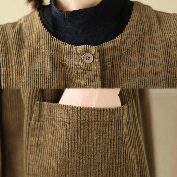 Buddha Stones Fall Retro Buttons Design Corduroy Sleeveless Midi Dress With Pockets - image 17