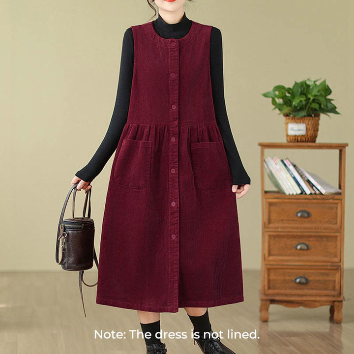 Buddha Stones Fall Retro Buttons Design Corduroy Sleeveless Midi Dress With Pockets - image 20