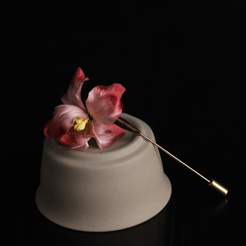 Buddha Stones Handmade Silk Art Dark Red Velvet Iris Blessing Good Fortune Brooch - Red Iris(Length: About 7-8cm) - image 0